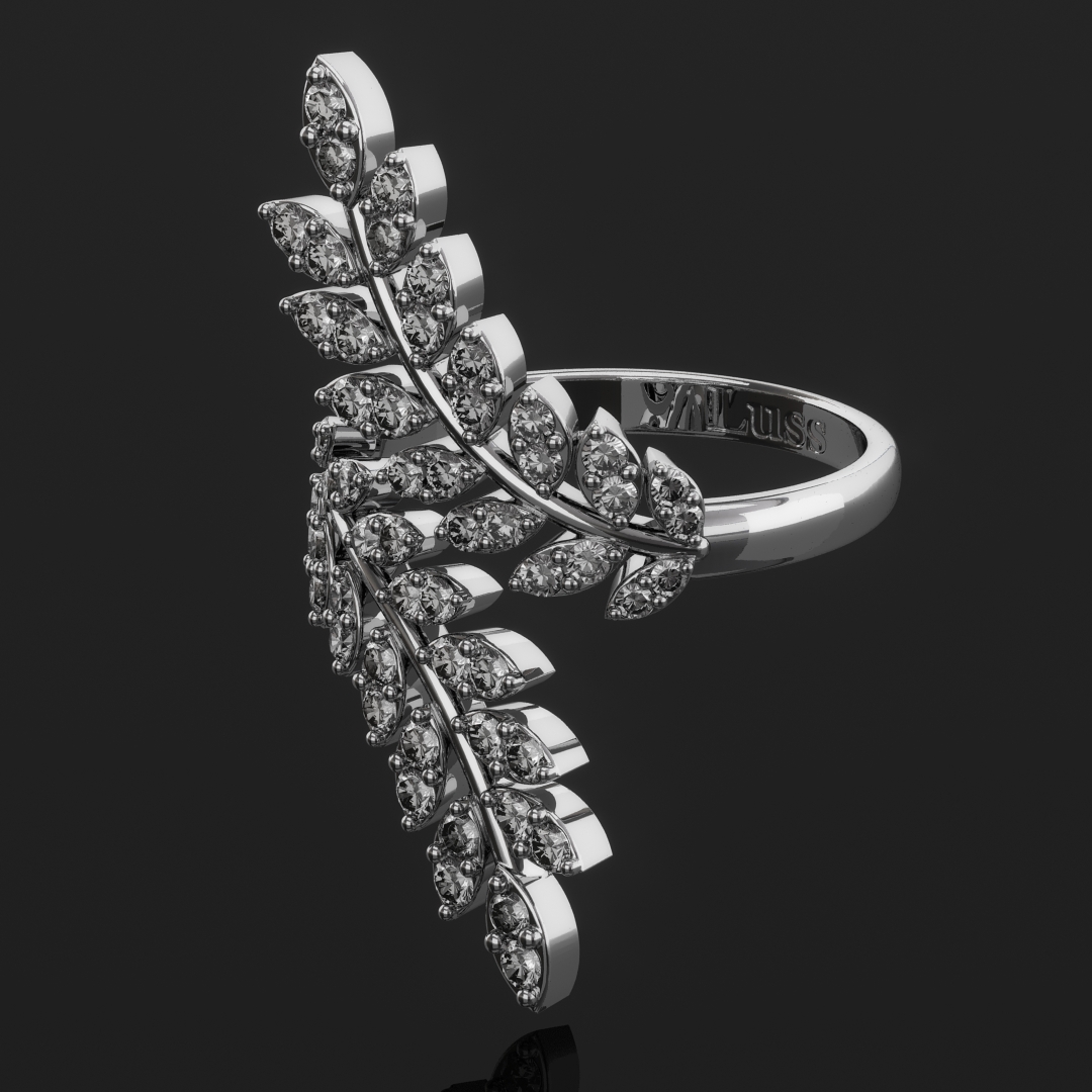 Inel lung din argint cu frunze si zirconiu cubic, reglabil, argint 925‰