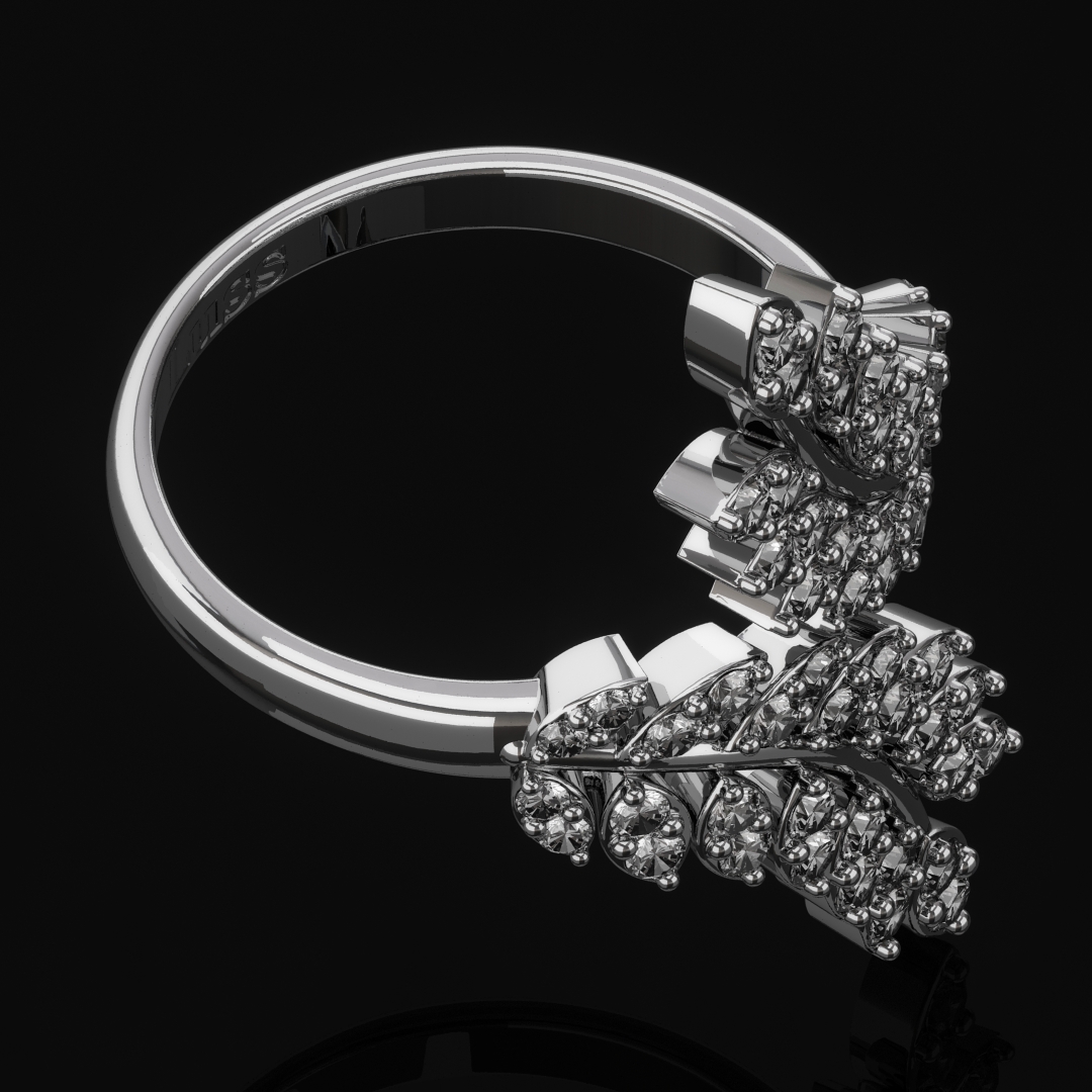 Inel lung din argint cu frunze si zirconiu cubic, reglabil, argint 925‰